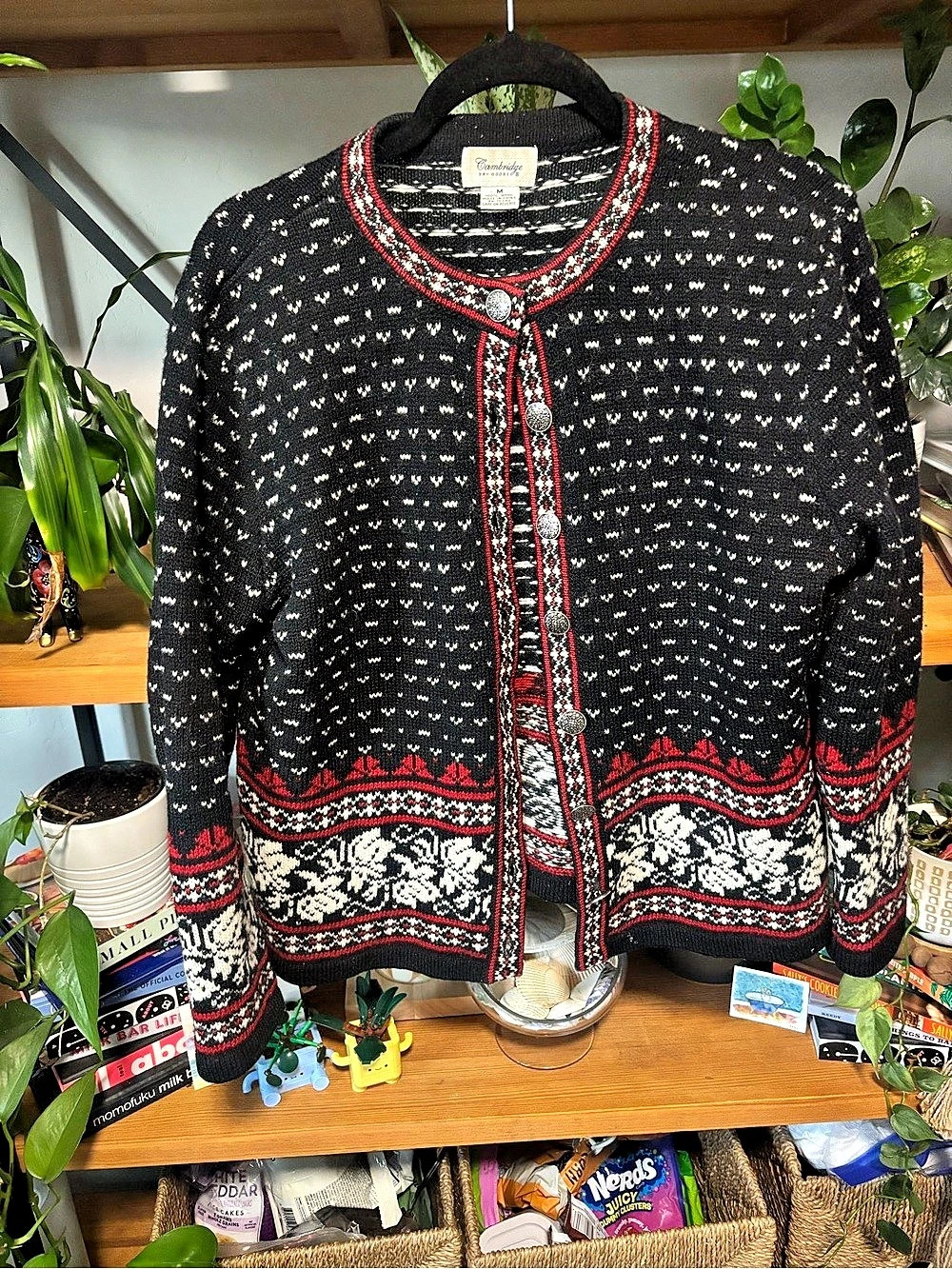 Cambridge Dry Goods Wool Cardigan in Black & Red Size Medium